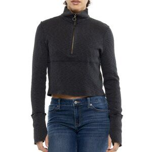 Free People Midnight Shirt Long Sleeve Quarter Zip Cropped Ribbed Large